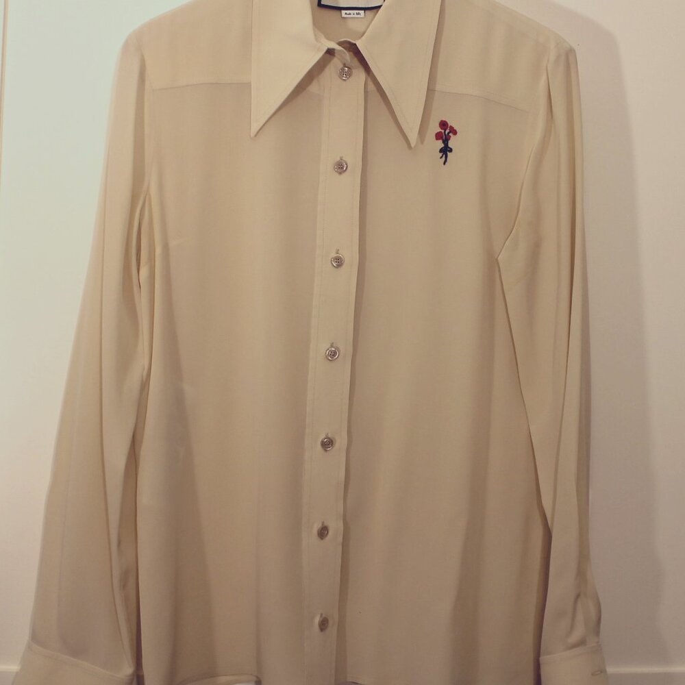Gucci Ivory Blouse With Blue and Red Embroidered Flowers- Size 44